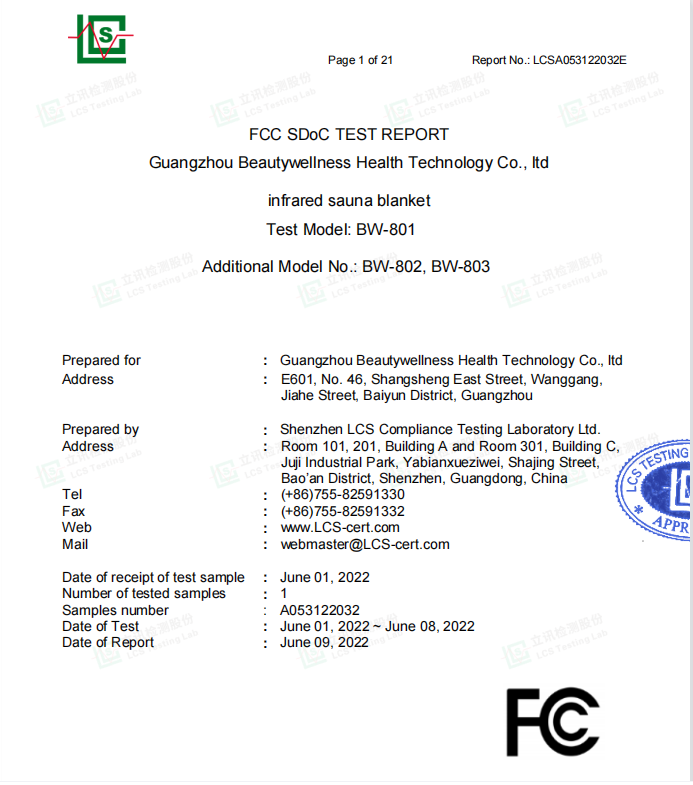 FCC certification for BTWS infrared sauna blanket